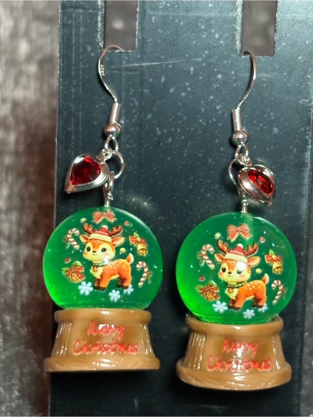 Festive Green Reindeer Snow Globe Earrings - Holiday Women Jewelry